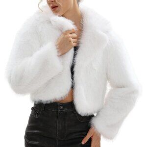 Women's Faux Fur Crop Lapel Jackets Open Front Long Sleeves Coat Pockets White